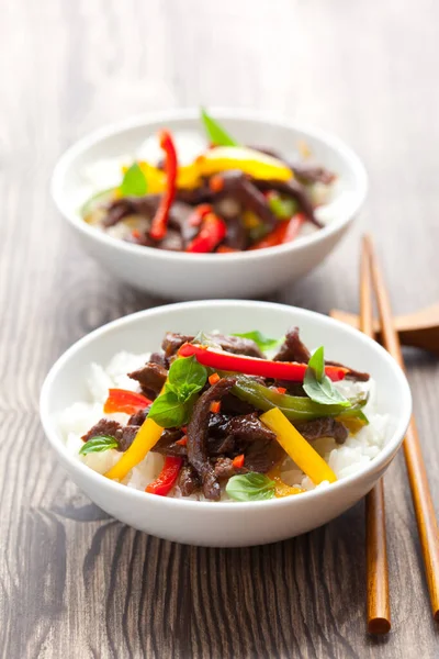 Carne Vaca Fritada Com Verdura Arroz — Fotografia de Stock