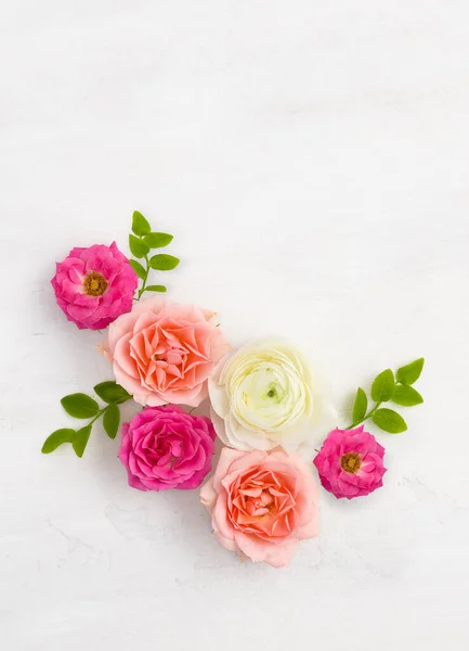 Disposizione Rose Composizione Rose Colorate Fiori Foglie Verdi Sfondo Chiaro — Foto Stock