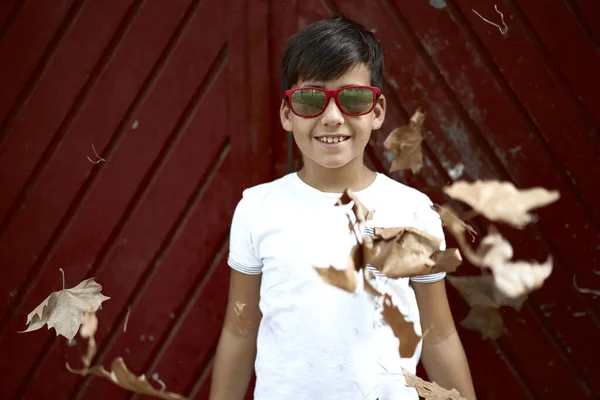 Осенний Мальчик Портрет Осенью Желтые Листья Ребенок Парке Открытом Воздухе — стоковое фото