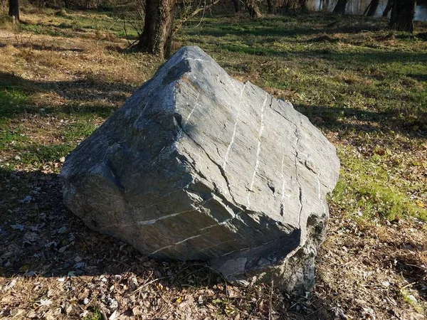 Gros rocher ou rocher avec des rayures en plein air sur l'herbe — Photo