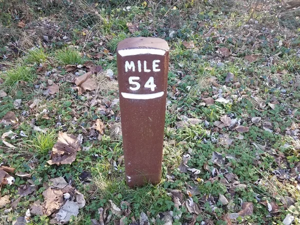 mile marker 54 or post in ground with grass