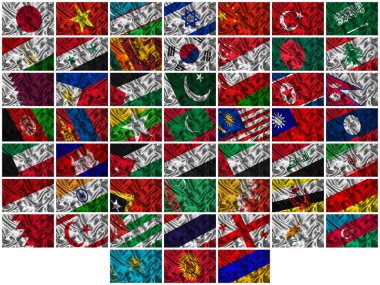 Waving colourful Asia flags on a silk background clipart