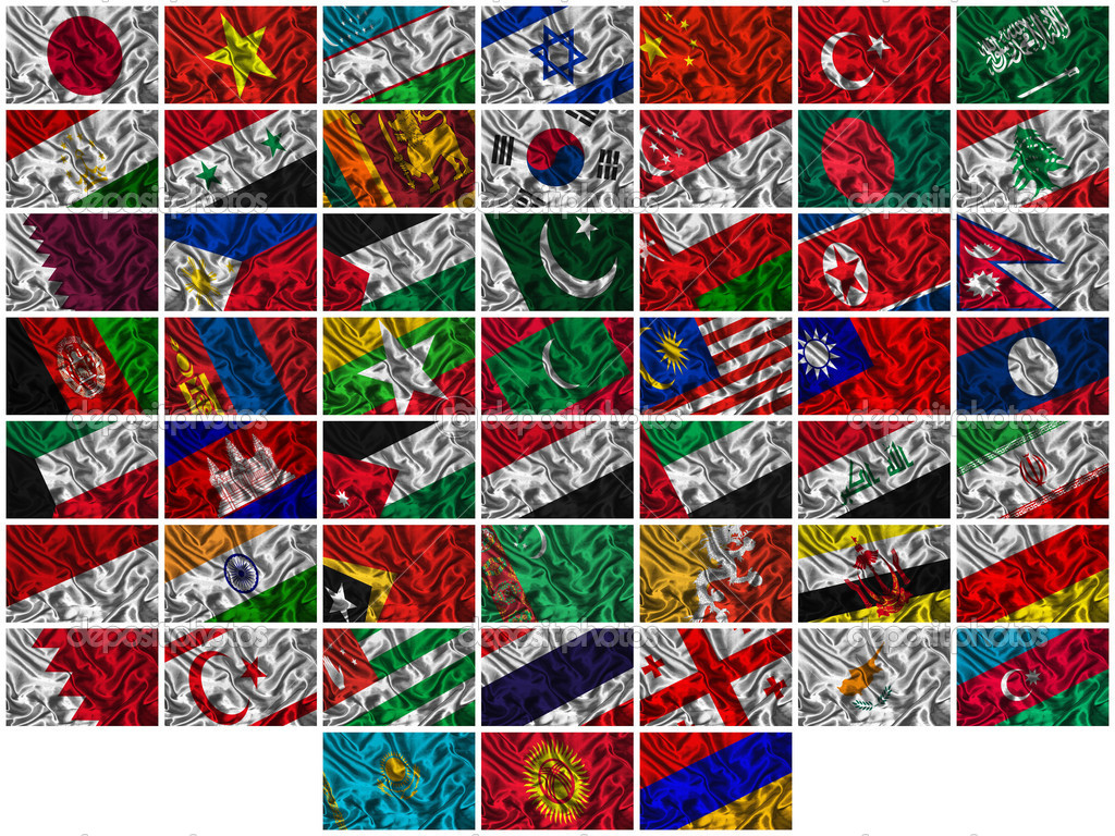 Waving colourful Asia flags on a silk background