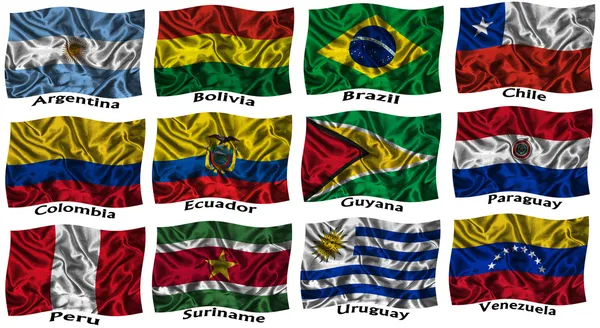 Waving colourful South America flags — Stock Photo, Image