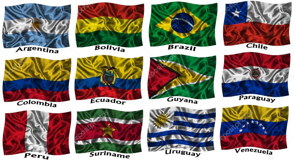 Waving colourful South America flags