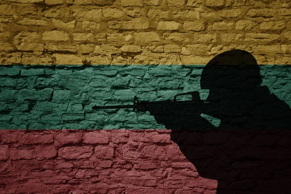 Soldier Silhouette Old Brick Wall Flag Lithuania Country Military Strength — Stock Photo, Image