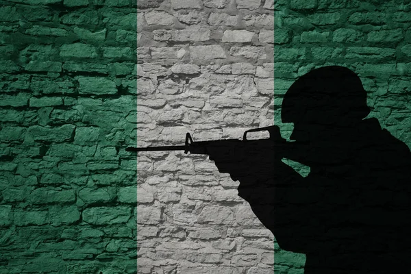Soldier Silhouette Old Brick Wall Flag Nigeria Country Military Strength — Stock Photo, Image
