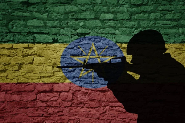 Sílhueta Soldado Antiga Parede Tijolos Com Bandeira País Etiópia Força Imagens Royalty-Free