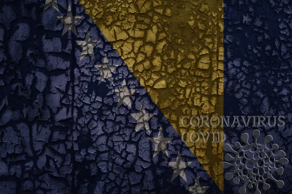 旧金属锈蚀开裂的墙上挂着波士尼亚和赫泽格维纳的旗帜 上面印有考罗纳维勒斯 鳕鱼和病毒的图片 — 图库照片