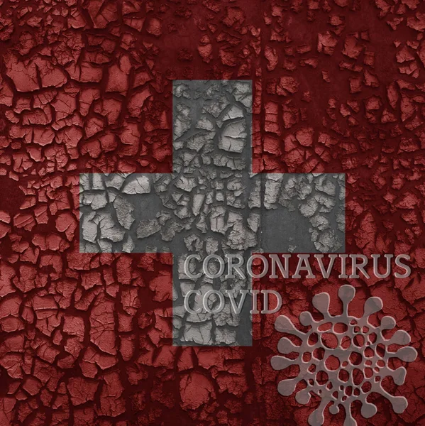 Flaga Szwajcarii Starej Zabytkowej Metalowej Zardzewiałej Ściany Tekstem Koronawirusa Covid — Zdjęcie stockowe