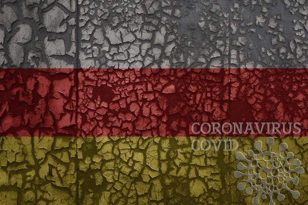 Eski Bir Metal Paslı Duvarda Güney Osetya Bayrağı Metin Coronavirus — Stok fotoğraf