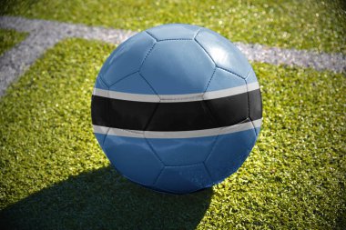 Beyaz satırı yakınlarında yeşil sahada futbol topu Botsvana bayrağı ile yatıyor