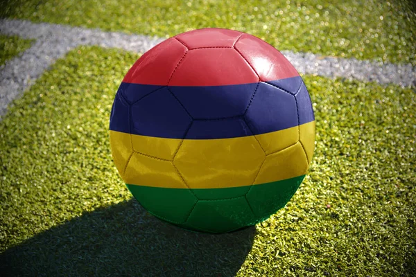 Football Ball National Flag Mauritius Lies Green Field White Line — Stock Photo, Image