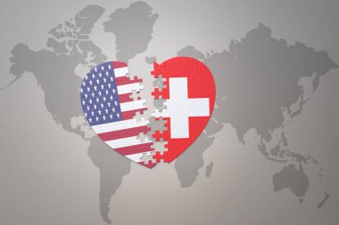 Amerika Birleşik Devletleri 'nin ulusal bayrağını taşıyan bir bulmaca kalbi ve bir dünya haritası arka planında geçiş. Kavram. 3B illüstrasyon