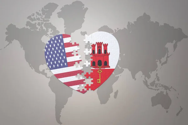 Puzzle Heart National Flag United States America Gibraltar World Map — Zdjęcie stockowe