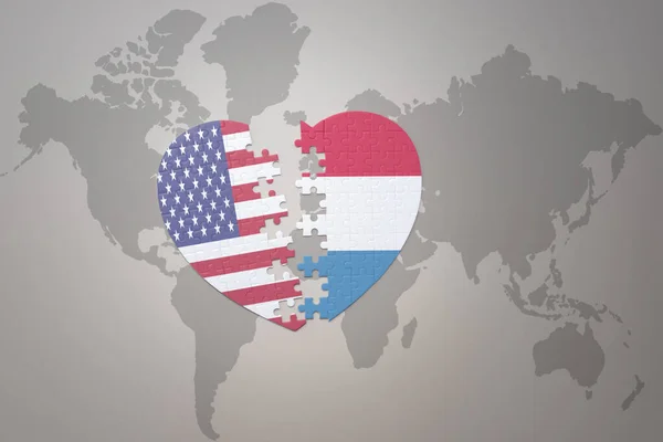 Puzzle Heart National Flag United States America Luxembourg World Map — Stok fotoğraf