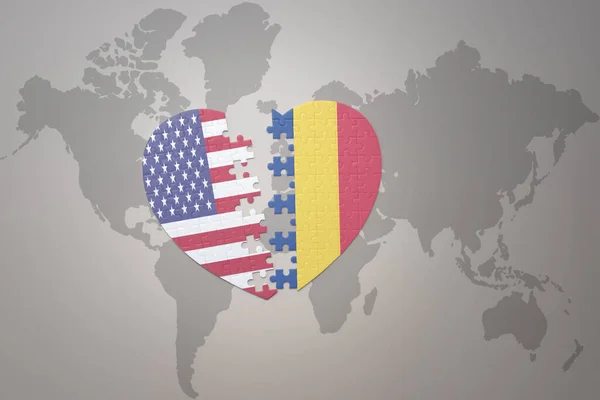 Puzzle Heart National Flag United States America Romania World Map — Stock Photo, Image