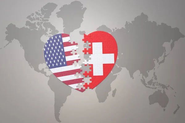 Puzzle Heart National Flag United States America Switzerland World Map — Stock Photo, Image