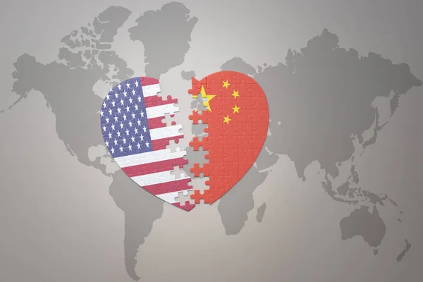 Puzzle Heart National Flag United States America China World Map — Stock Photo, Image