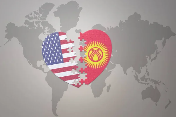 Puzzle Heart National Flag United States America Kyrgyzstan World Map — стокове фото