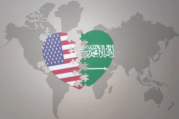 Серце Головоломка Національним Прапором Єднаних Держав Америки Саудівської Аравії Фоні — стокове фото
