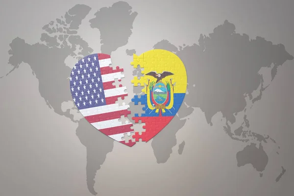 Puzzle Cuore Con Bandiera Nazionale Degli Stati Uniti America Ecuador — Foto Stock