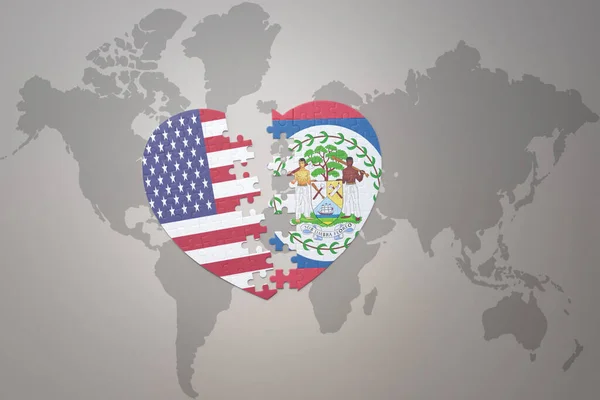 Serce Puzzle Flagą Narodową Stanów Zjednoczonych Ameryki Belize Tle Mapy — Zdjęcie stockowe