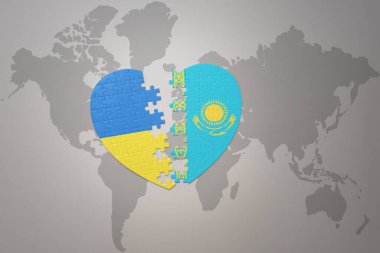 Dünya haritasında Ukrayna ve Kazakistan 'ın ulusal bayrağı olan bir yapboz kalbi. Kavram. 3B illüstrasyon
