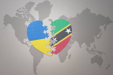 Ukrayna 'nın ulusal bayrağı, Kitts ve Nevis' in bulmaca kalbi dünya haritası arka planında. Kavram. 3B illüstrasyon