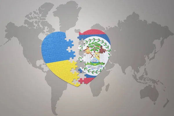 Puzzle Srdce Národní Vlajkou Ukrajinské Belize Pozadí Mapy Světa Koncept — Stock fotografie