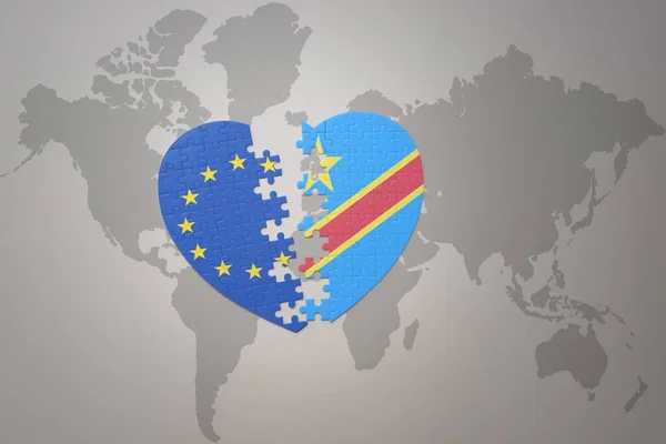 puzzle heart with the national flag of european union and democratic republic of the congo on a world map background. Concept. 3D illustration