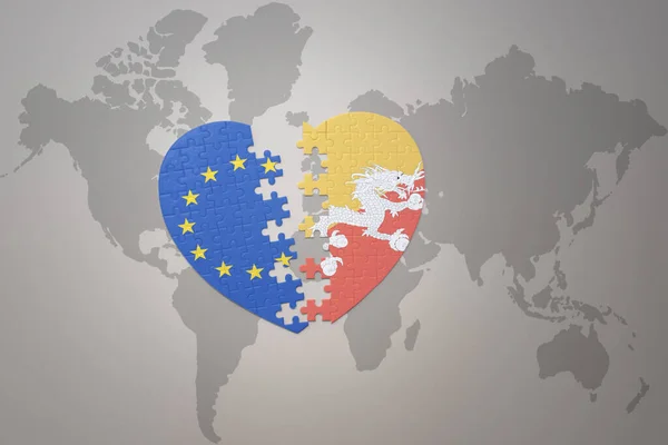 Corazón Del Rompecabezas Con Bandera Nacional Unión Europea Bután Mapa — Foto de Stock