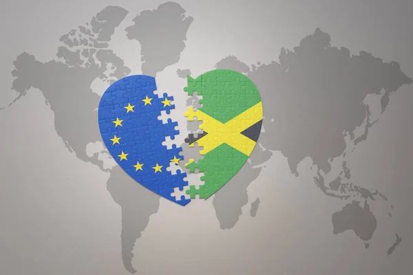 Серце Головоломка Національним Прапором Європейського Союзу Ямайки Фоні Карти Світу — стокове фото