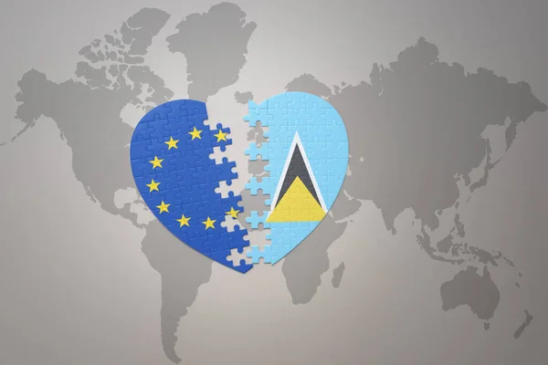 Serce Puzzle Flagą Narodową Unii Europejskiej Świętej Łucji Tle Mapy — Zdjęcie stockowe