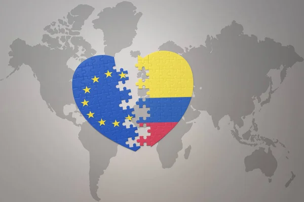 Coração Quebra Cabeça Com Bandeira Nacional União Europeia Colômbia Fundo — Fotografia de Stock