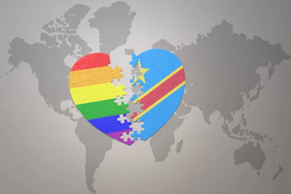 Puzzle Heart Rainbow Gay Flag Democratic Republic Congo World Map — Stock Photo, Image