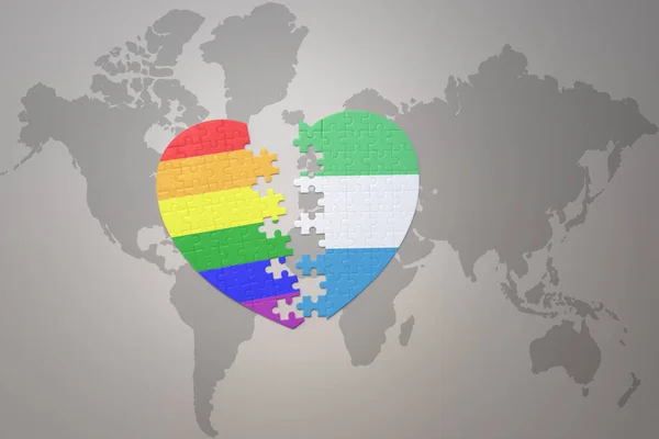 Puzzle Heart Rainbow Gay Flag Sierra Leone World Map Background — Stock Photo, Image