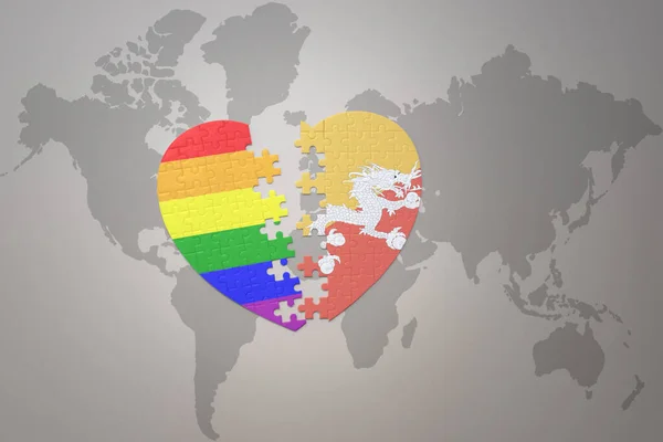 Puzzle Heart Rainbow Gay Flag Bhutan World Map Background Concept — Stock Photo, Image