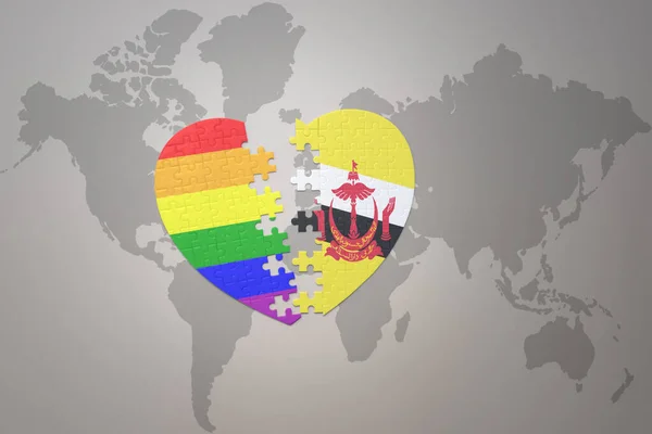 Dünya Haritasında Gökkuşağı Eşcinsel Bayrağı Brunei Olan Bir Yapboz Kalp — Stok fotoğraf