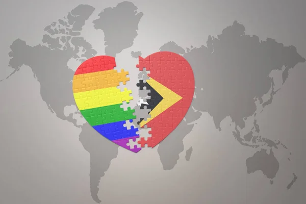 Puzzle Heart Rainbow Gay Flag East Timor World Map Background — Stock Photo, Image