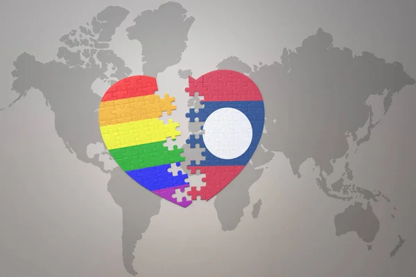 Puzzle Heart Rainbow Gay Flag Laos World Map Background Concept — Stock Photo, Image