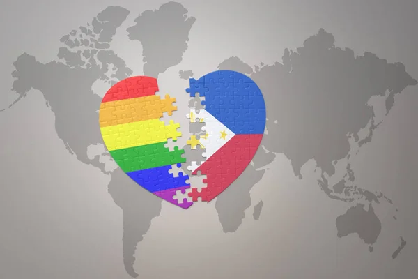 Puzzle Heart Rainbow Gay Flag Philippines World Map Background Concept — Stock Photo, Image