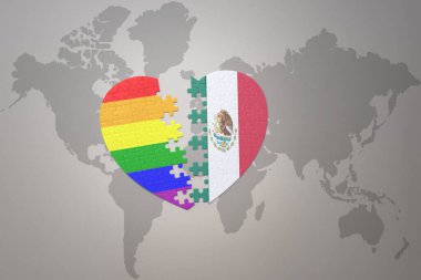 Dünya haritasının arka planında gökkuşağı eşcinsel bayrağı ve Meksika olan bir yapboz kalp. Kavram. 3B illüstrasyon