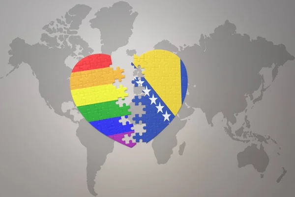 Puzzle Heart Rainbow Gay Flag Bosnia Herzegovina World Map Background — Stock Photo, Image