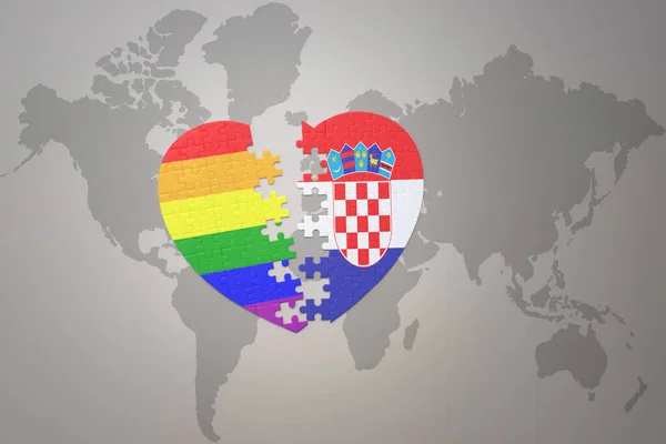 Puzzle Heart Rainbow Gay Flag Croatia World Map Background Concept — Stock Photo, Image