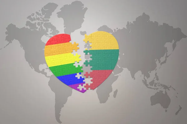 Puzzle Heart Rainbow Gay Flag Lithuania World Map Background Concept — Stock Photo, Image