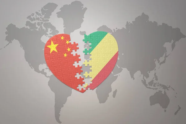 中国の国旗と世界地図上のコンゴ共和国とのパズルハート コンセプト 3Dイラスト — ストック写真