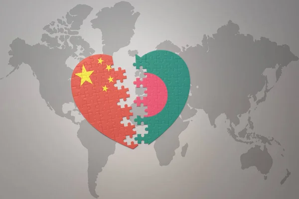 パズルハートで中国国旗とバングラデシュを世界地図の背景に コンセプト 3Dイラスト — ストック写真