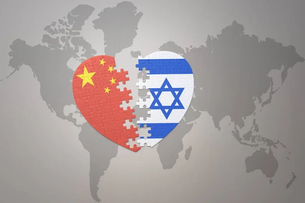 Puzzle Heart National Flag China Israel World Map Background Concept — Stock Photo, Image