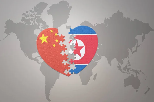 Puzzle Heart National Flag China North Korea World Map Background — Stock Photo, Image